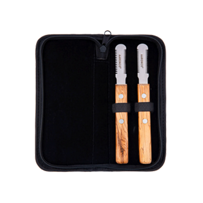 Aaronco Super Quad Stripping Knife set,"Open black zip case with two wood-handled stripping knives"