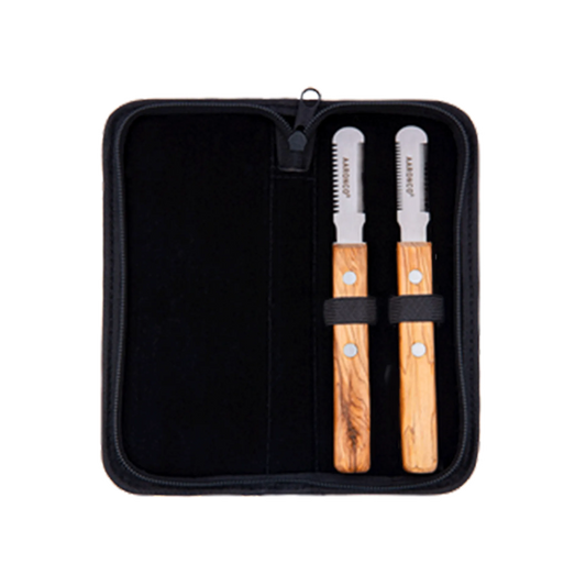 Aaronco Super Quad Stripping Knife set,"Open black zip case with two wood-handled stripping knives"