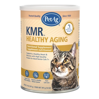 PetAg Healthy Aging Powder,"Can of cat nutritional powder with tabby cat image"