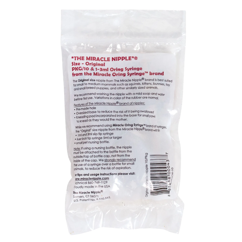 "The Miracle Nipple® for Kittens, Puppies, and Small Mammals","Clear plastic pouch with back label and barcode"