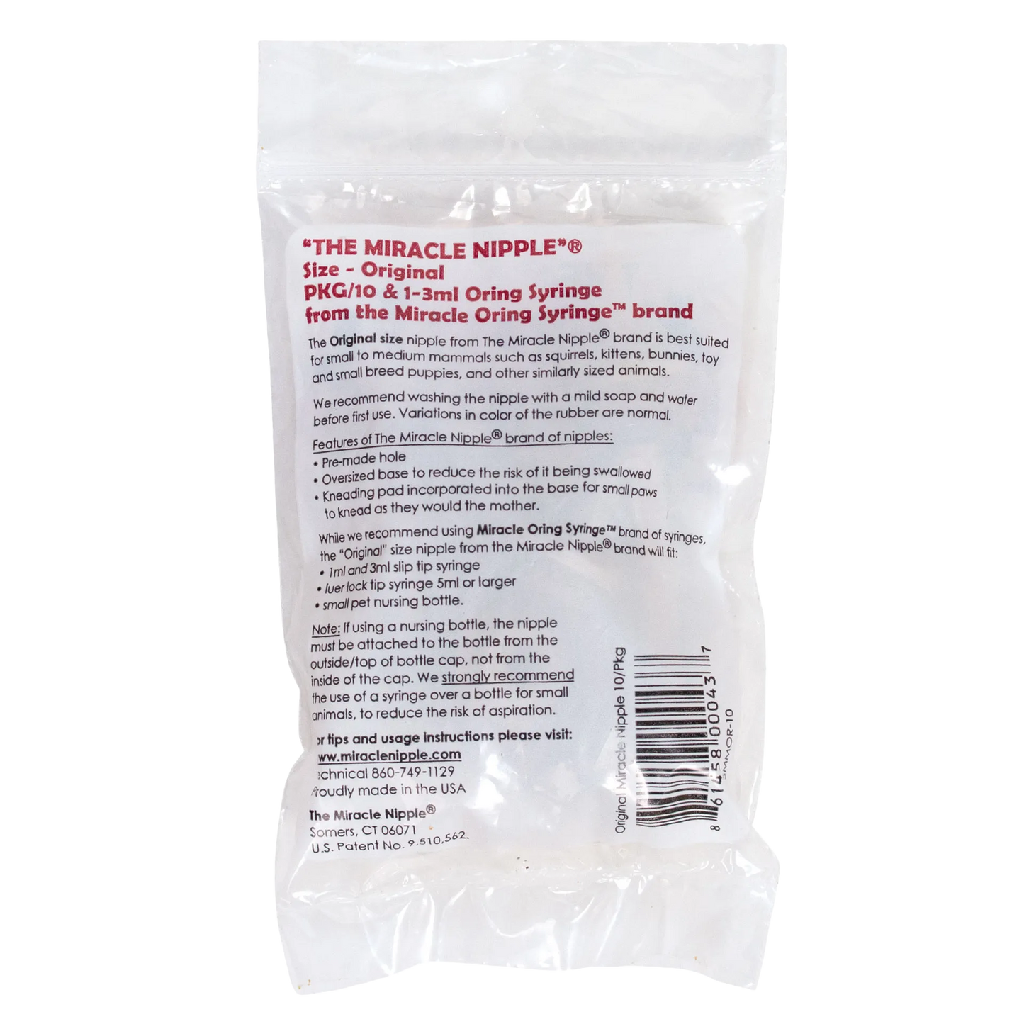 "The Miracle Nipple® for Kittens, Puppies, and Small Mammals","Clear plastic pouch with back label and barcode"