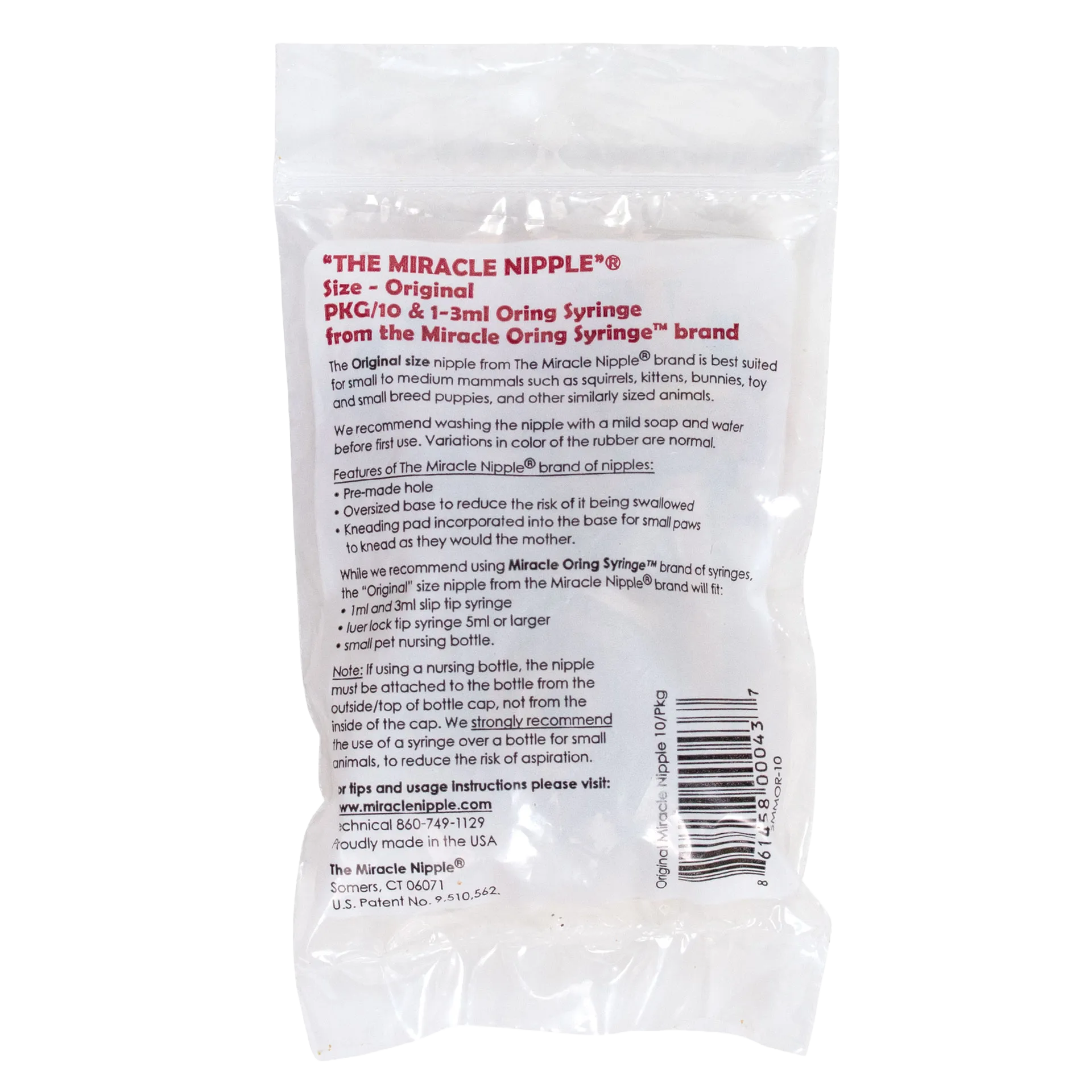 "The Miracle Nipple® for Kittens, Puppies, and Small Mammals","Clear plastic pouch with back label and barcode"