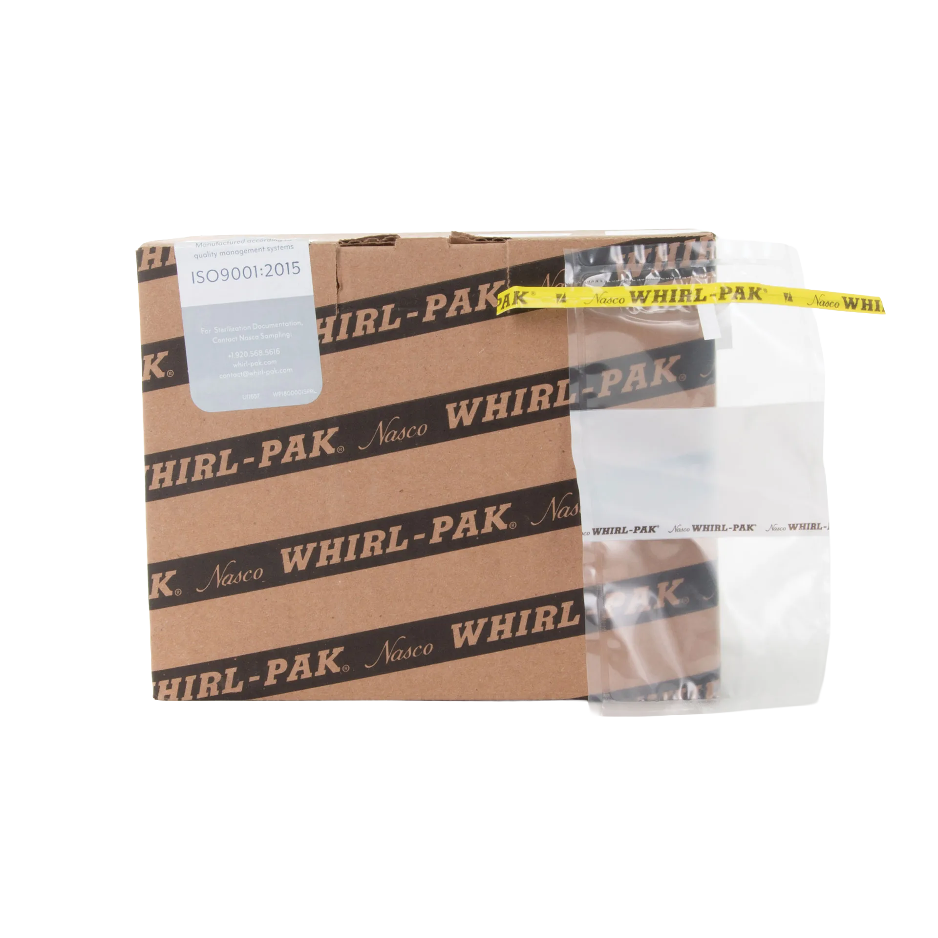 Whirl-Pak Bags,"Clear sample bag with yellow closure strip beside cardboard box"