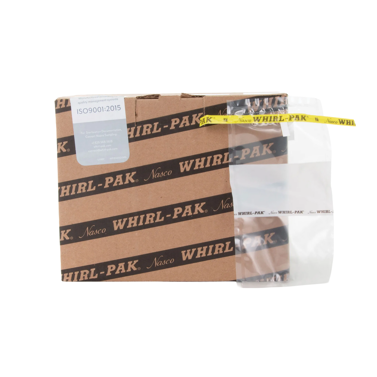 Whirl-Pak Bags,"Clear sample bag with yellow closure strip beside cardboard box"