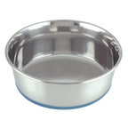 Heavy Premium Pet Dishes,"Stainless steel pet dish with blue rubber base ring"