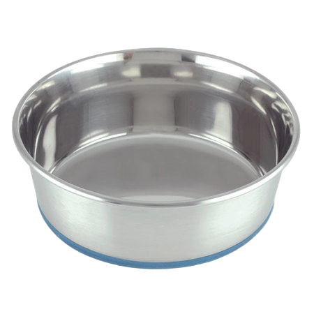Heavy Premium Pet Dishes,"Stainless steel pet dish with blue rubber base ring"