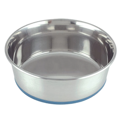 Heavy Premium Pet Dishes,"Stainless steel pet dish with blue rubber base ring"