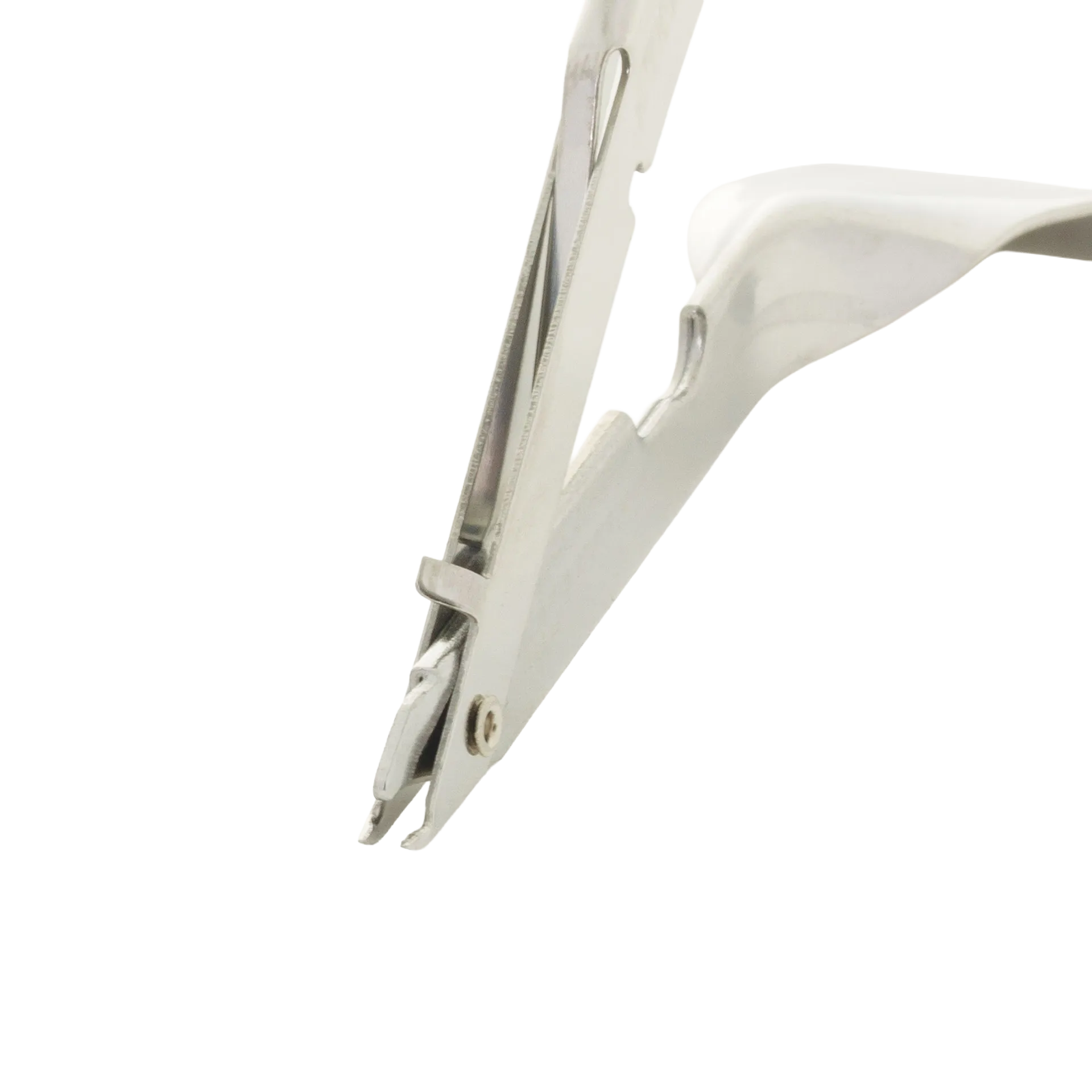 Skin Stapler,"Close-up side view of metal stapler tip"