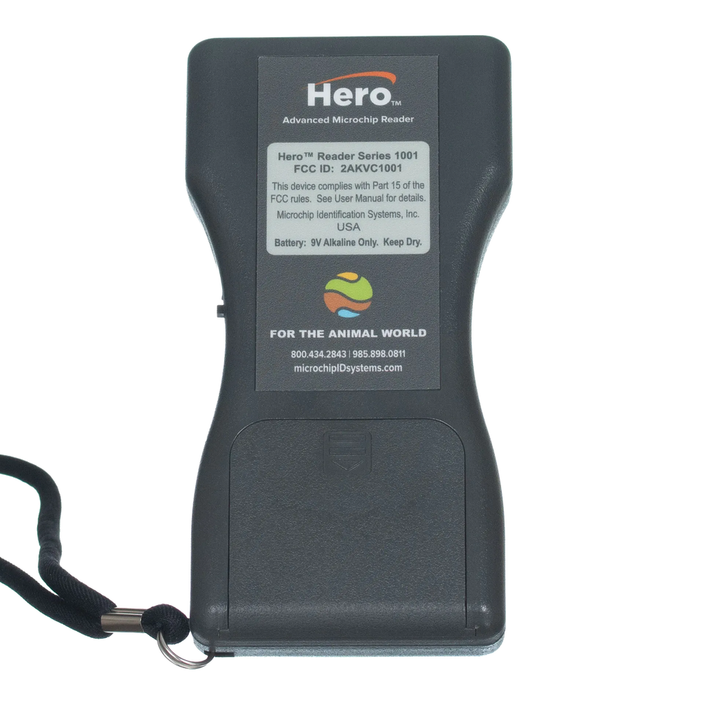 Hero™ Universal Microchip Scanner,"Back view of handheld scanner with wrist strap"
