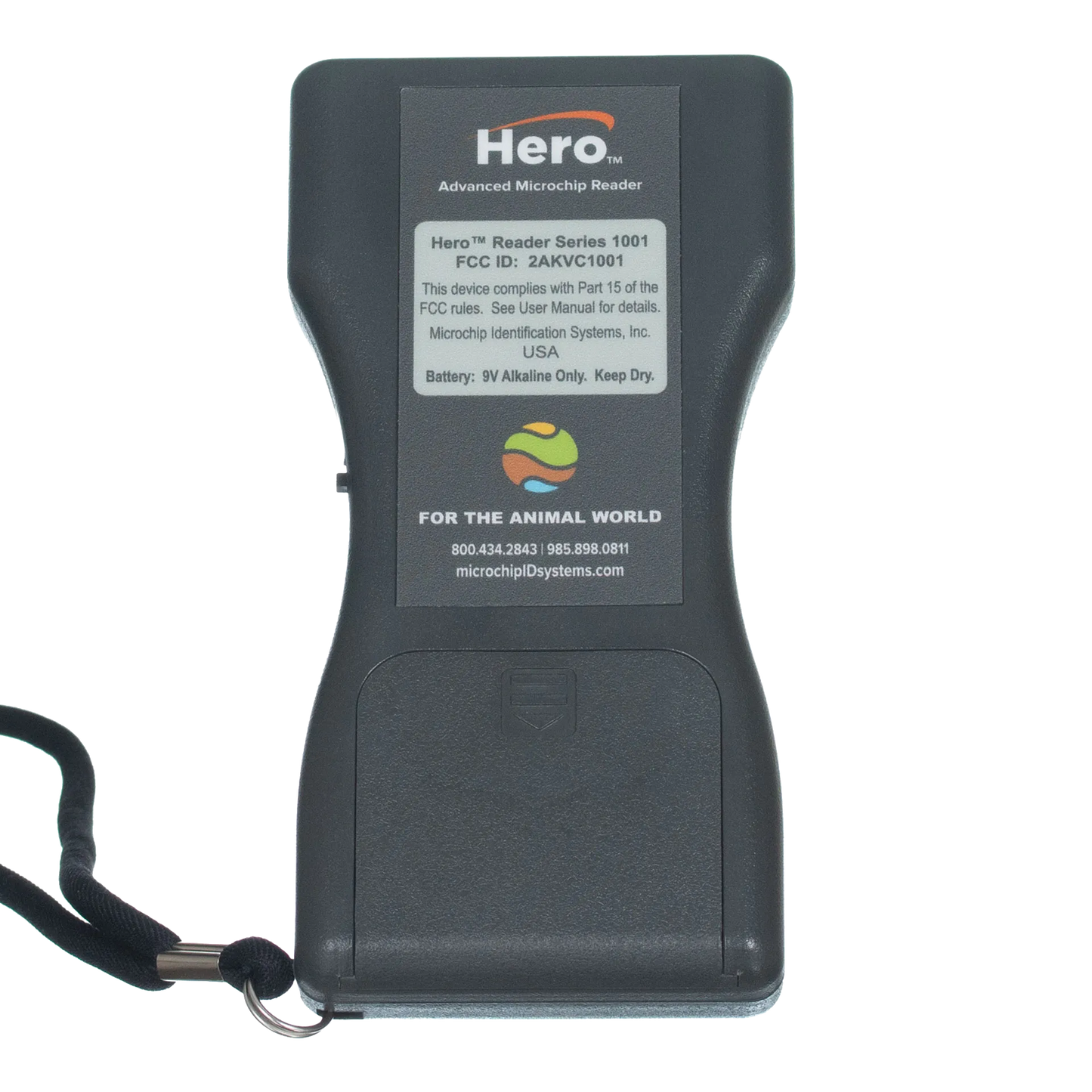 Hero™ Universal Microchip Scanner,"Back view of handheld scanner with wrist strap"