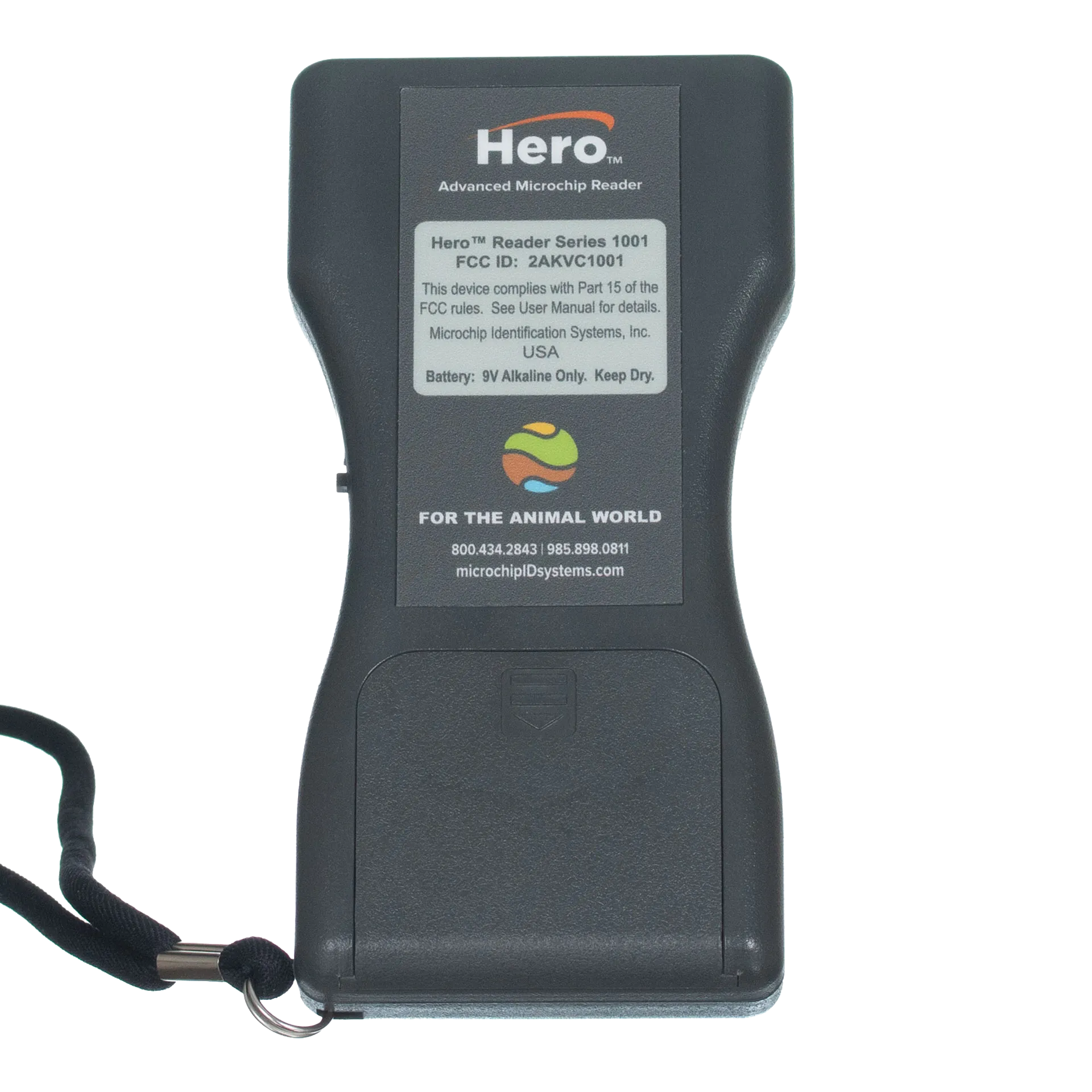 Hero™ Universal Microchip Scanner,"Back view of handheld scanner with wrist strap"