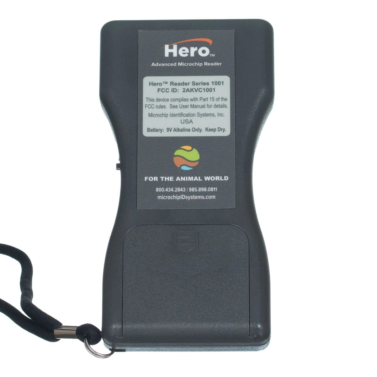 Hero™ Universal Microchip Scanner,"Back view of handheld scanner with wrist strap"