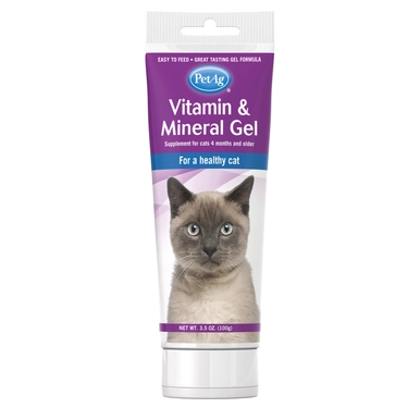 PetAg Vitamin & Mineral Gel Supplement for Cats,"Front view of gel supplement tube with cat image"