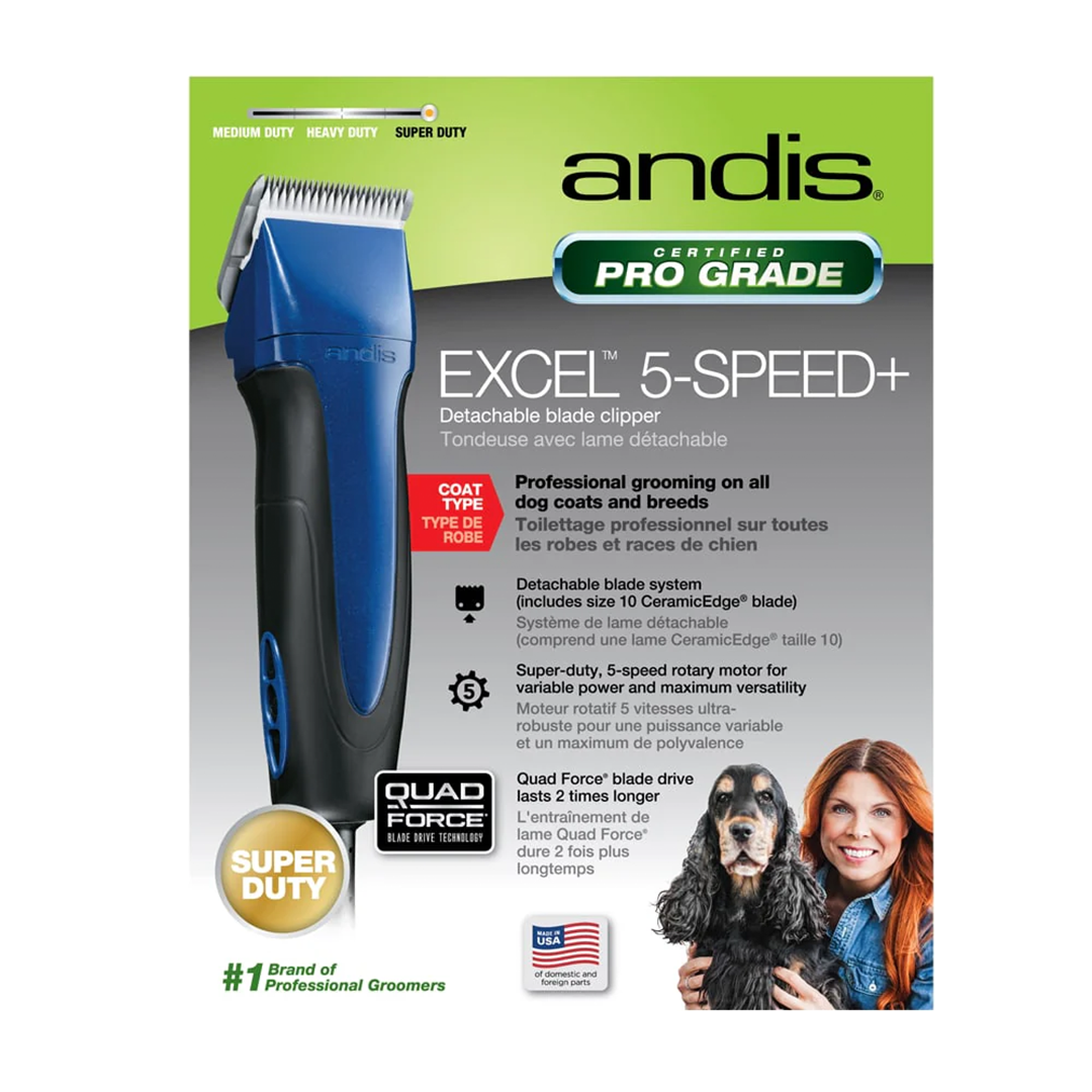 Excel 5-Speed Detachable Blade Clipper Blue by Andis,"Blue and black clipper on front retail packaging"