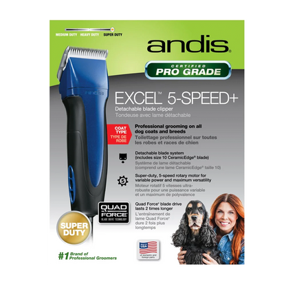 Excel 5-Speed Detachable Blade Clipper Blue by Andis,"Blue and black clipper on front retail packaging"