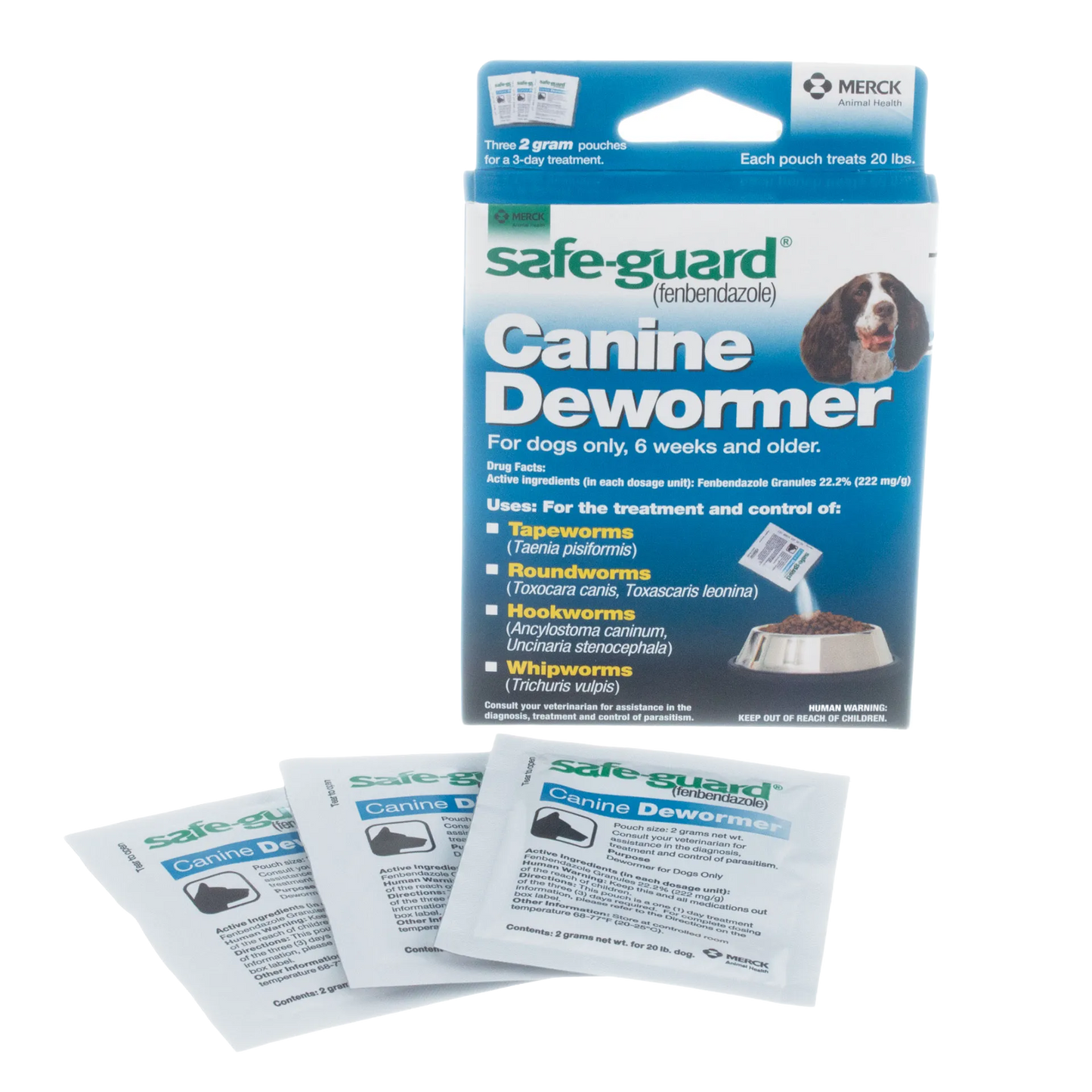 Safe-Guard® Canine Dewormer for Dogs,"Front of box with three individual pouches"