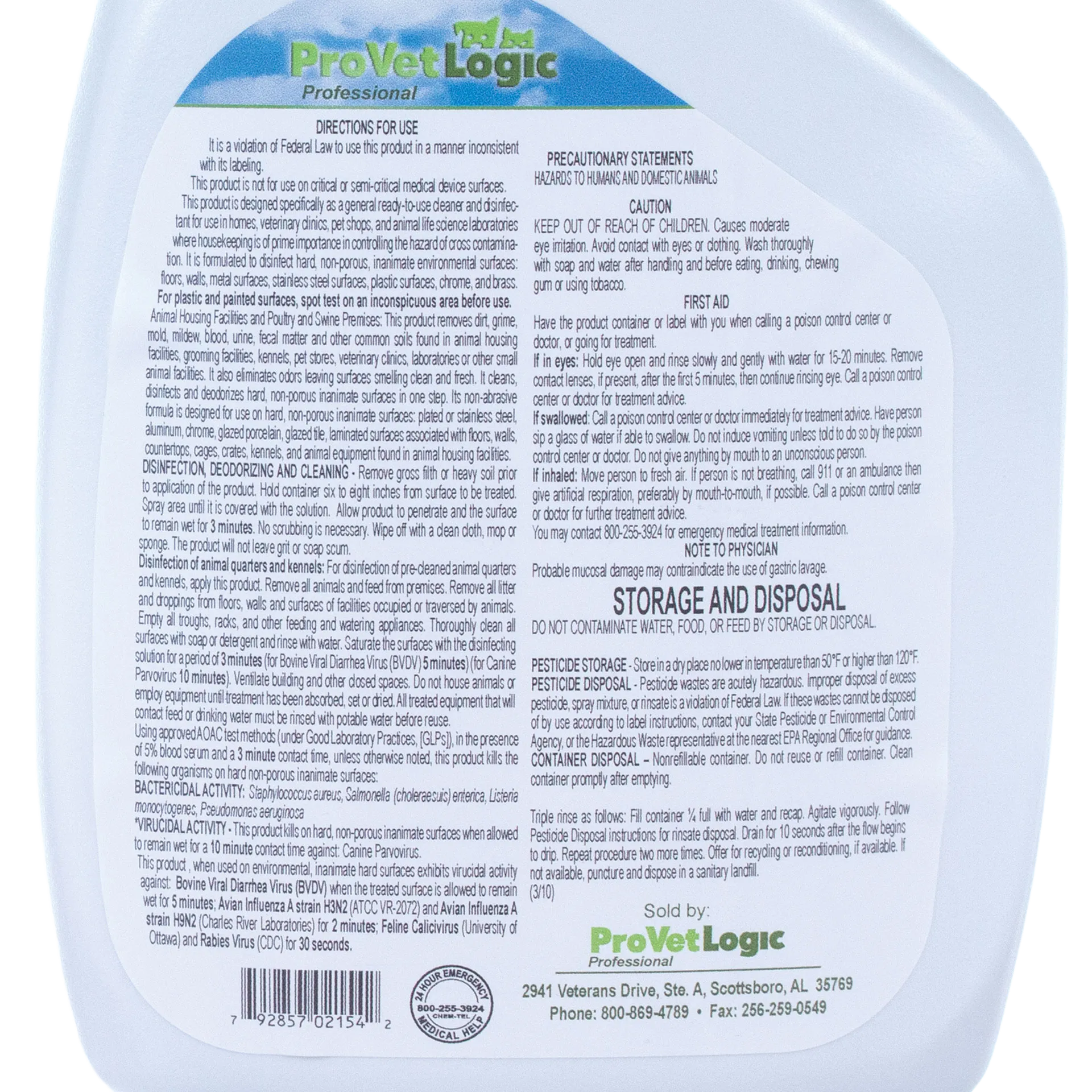 Spray & Wipe Disinfectant,"Back label on white spray bottle"