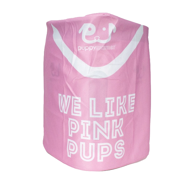 Puppywarmer Cover,"Pink cover with white dog graphic"