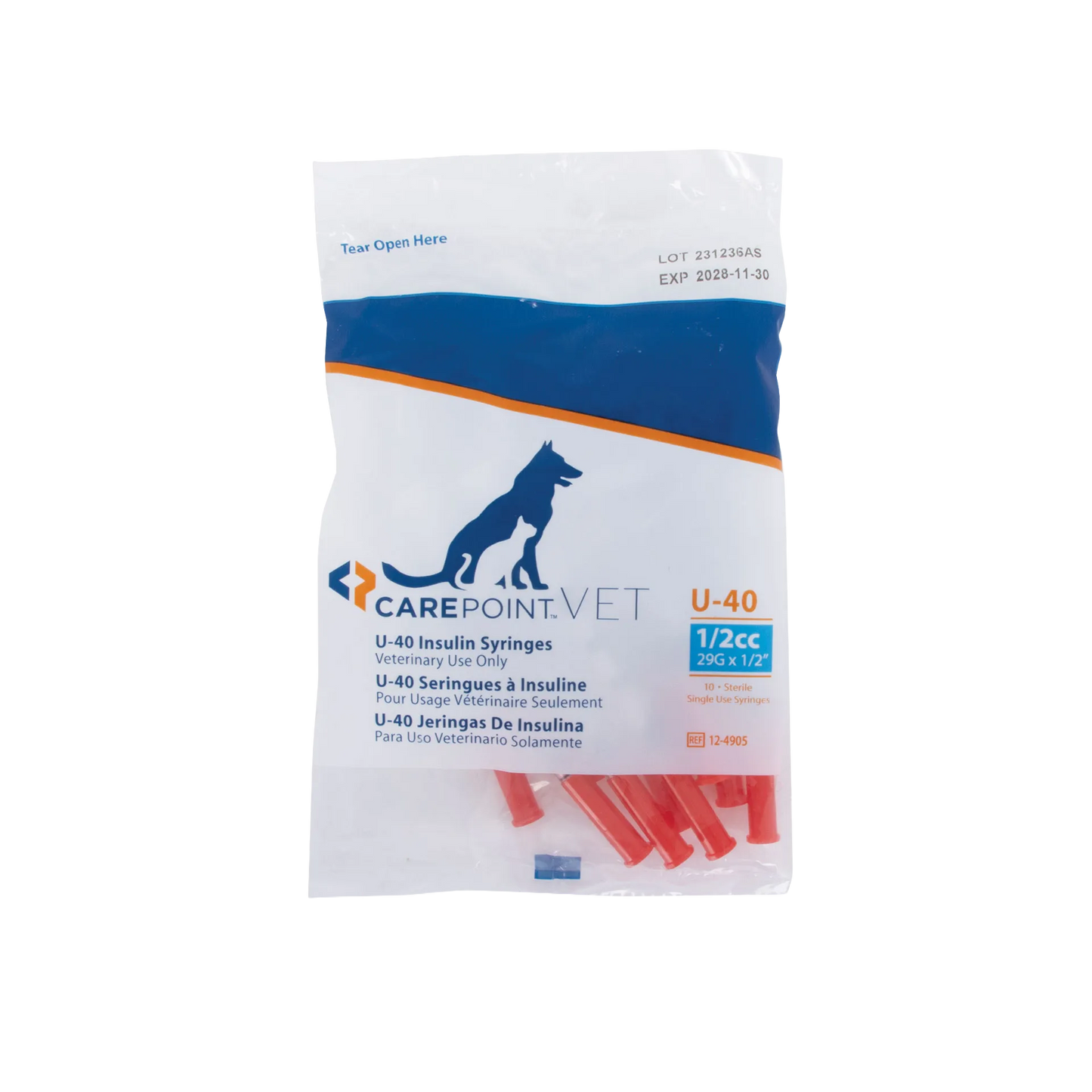 U40 1/2cc Insulin Syringe 29g x 1/2","Sealed syringe pack with red caps visible"