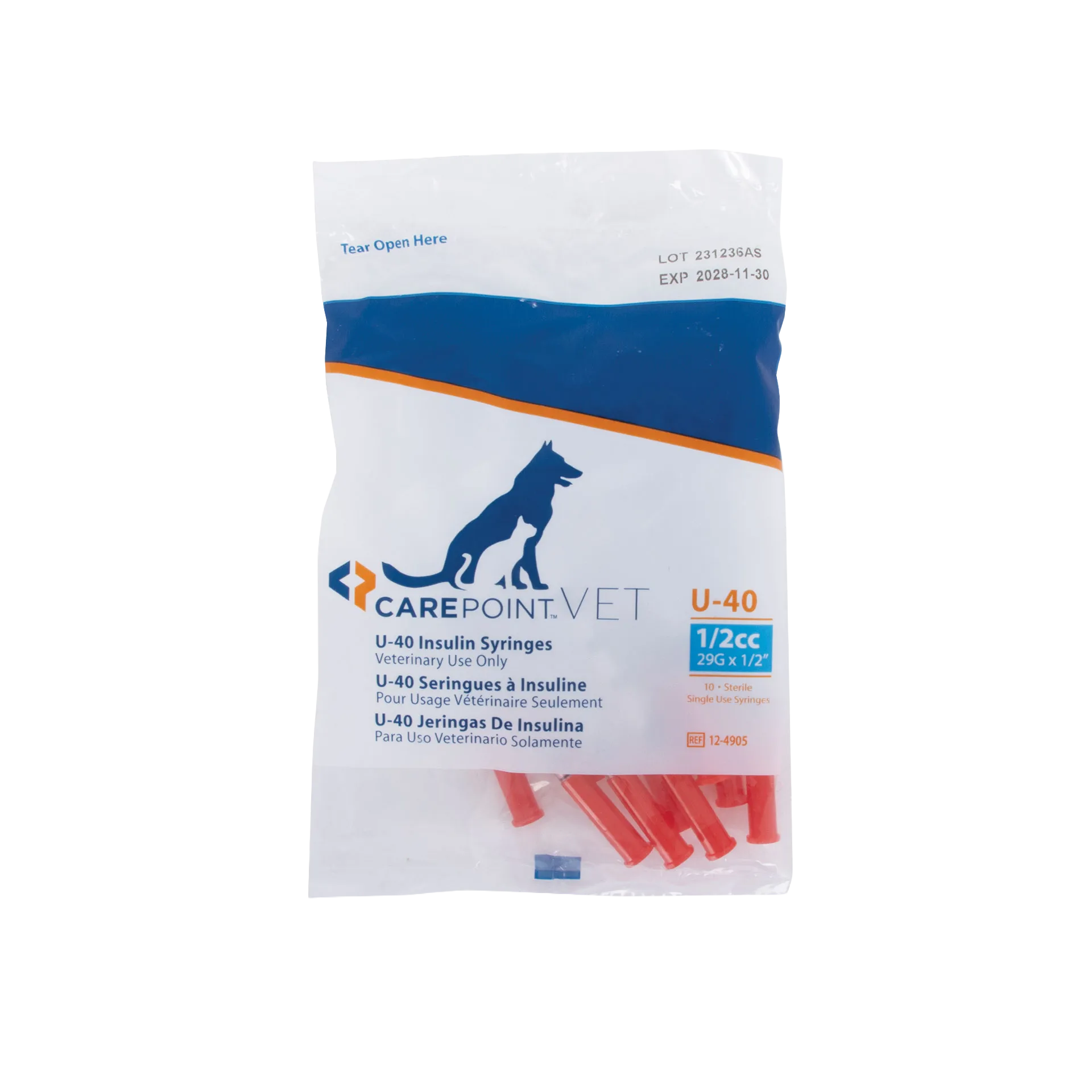 U40 1/2cc Insulin Syringe 29g x 1/2","Sealed syringe pack with red caps visible"