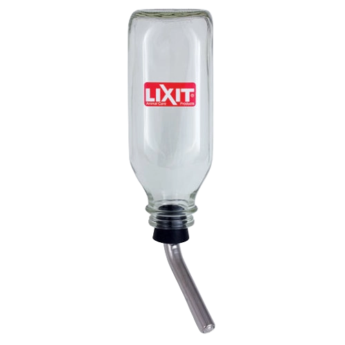 Lixit® Bird Deluxe Glass Water Bottle,"Upside-down clear glass bottle with angled metal drinking tube"