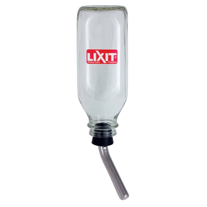 Lixit® Bird Deluxe Glass Water Bottle,"Upside-down clear glass bottle with angled metal drinking tube"