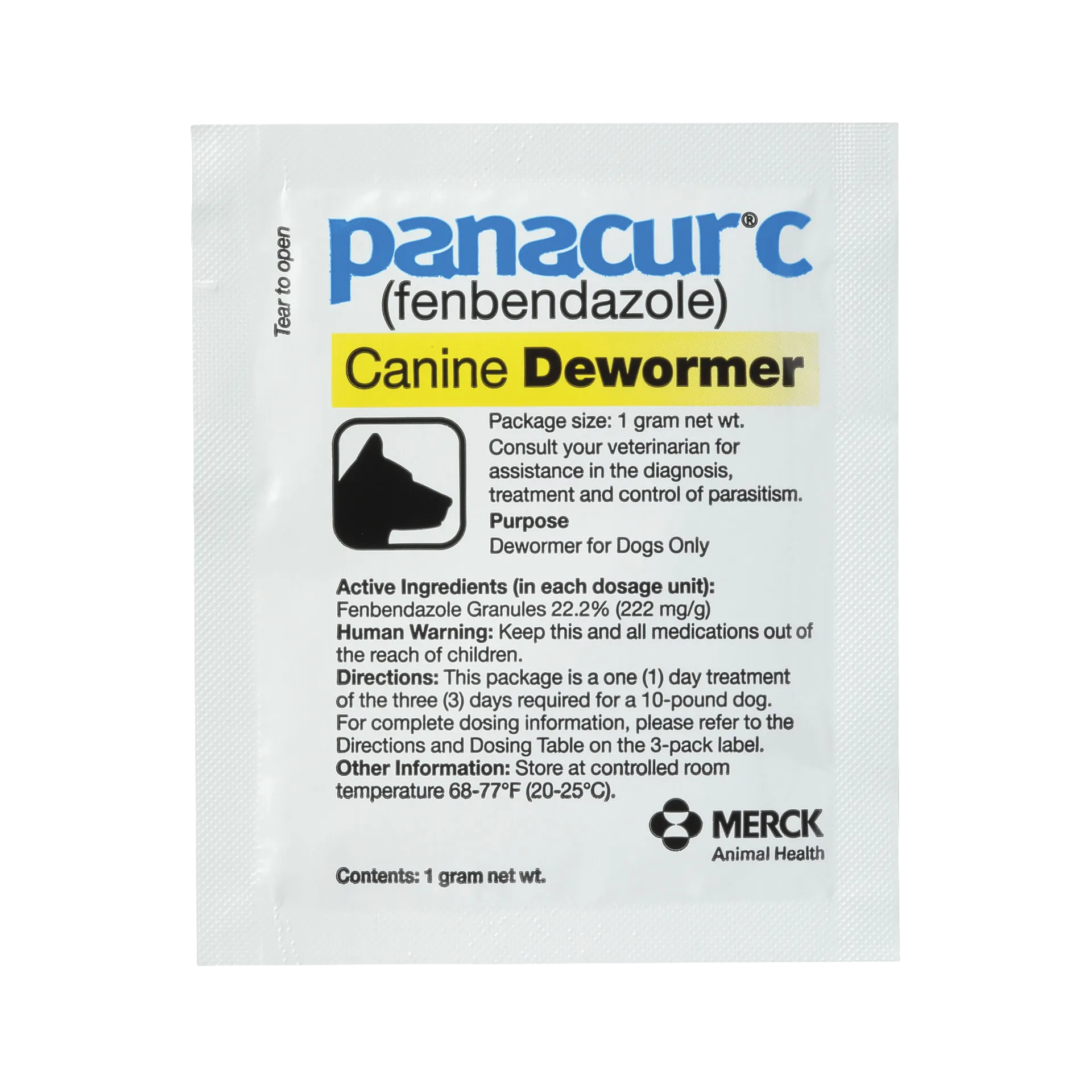 Panacur® C Canine Dewormer,"Single white dewormer packet with dog silhouette icon"