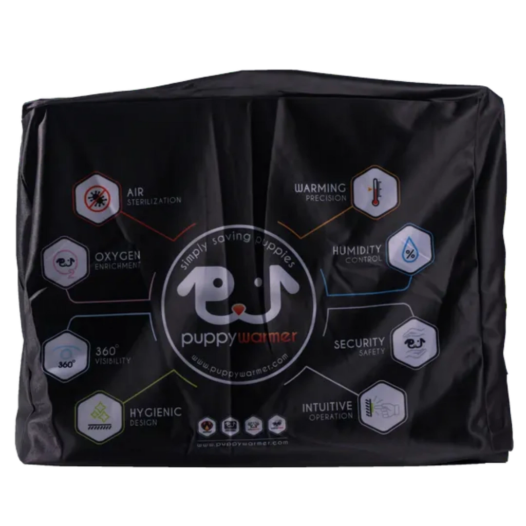 Puppywarmer Cover,"Black fitted cover with printed icons and front logo"