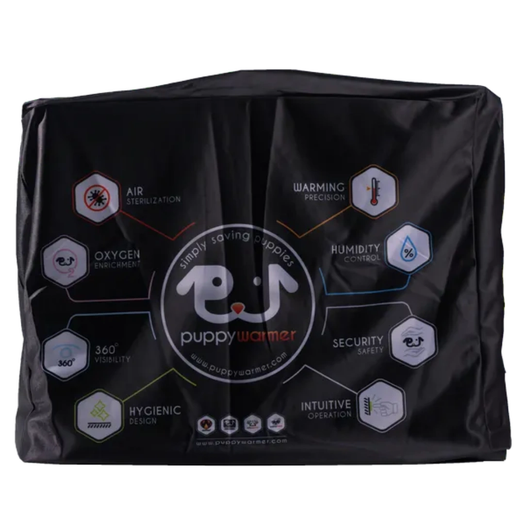 Puppywarmer Cover,"Black fitted cover with printed icons and front logo"
