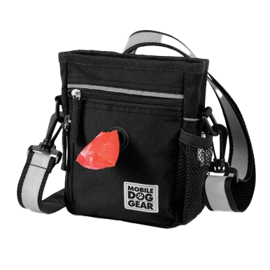 Day/Night Walking Bag,"Black shoulder bag with front pocket, mesh side pocket, and red dispenser"