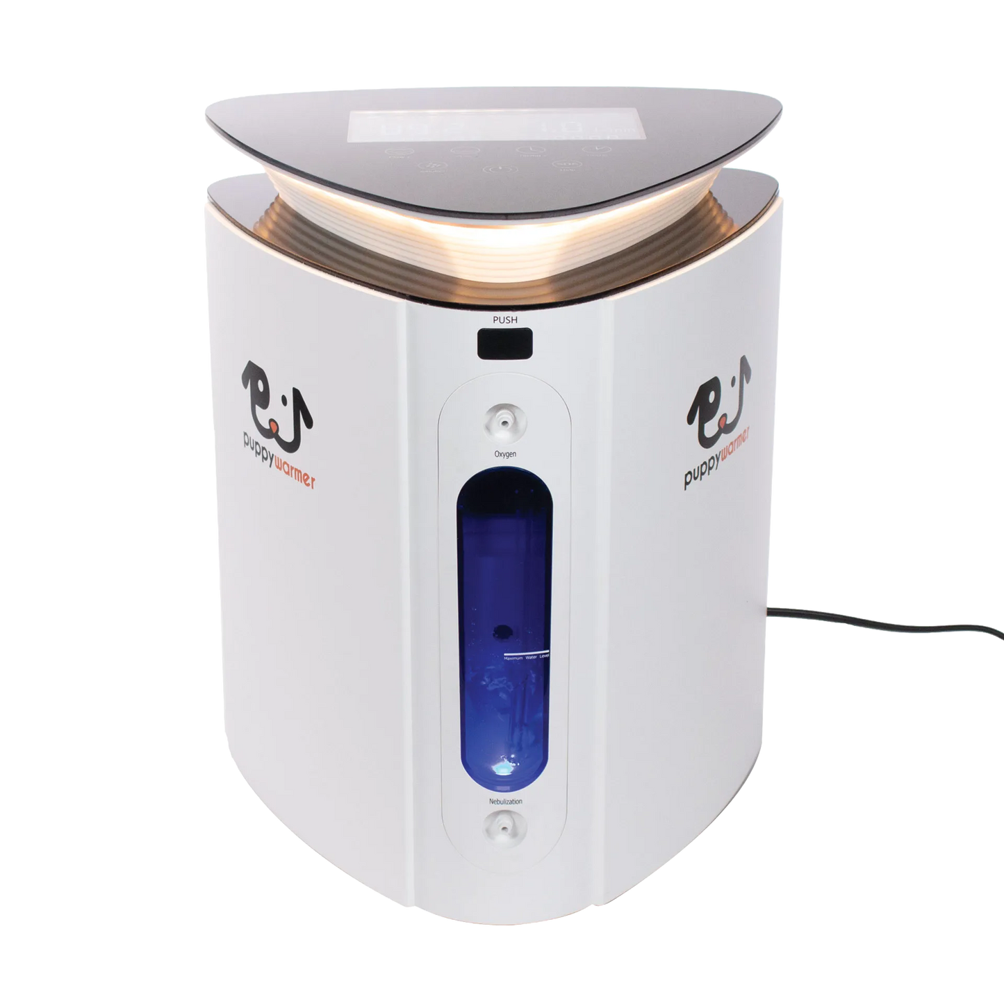 Puppywarmer® Oxygen Concentrator,"White oxygen concentrator with glowing top and blue water chamber"