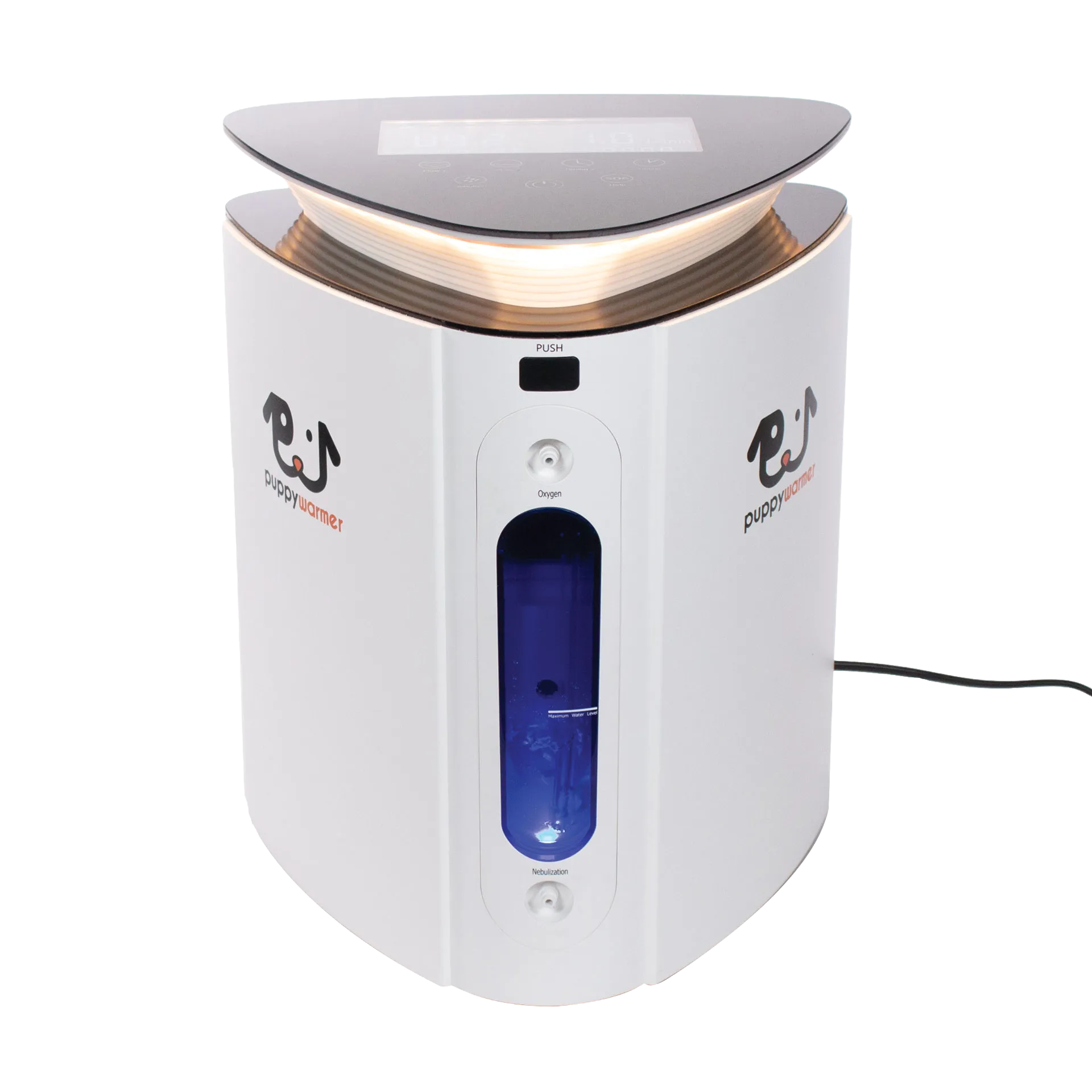 Puppywarmer® Oxygen Concentrator,"White oxygen concentrator with glowing top and blue water chamber"