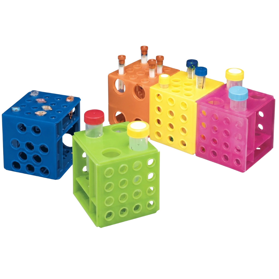 Universal Interlocking Tube Cube,"Assorted colored cube tube racks holding sample vials and tubes"
