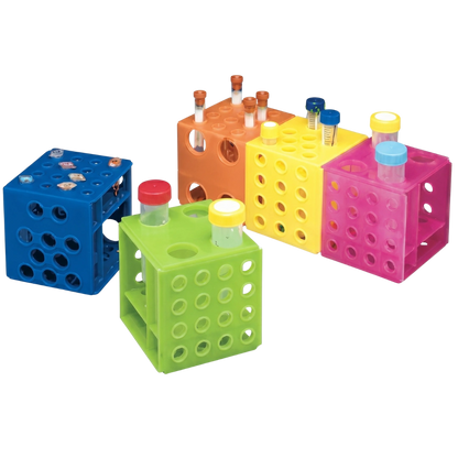 Universal Interlocking Tube Cube,"Assorted colored cube tube racks holding sample vials and tubes"