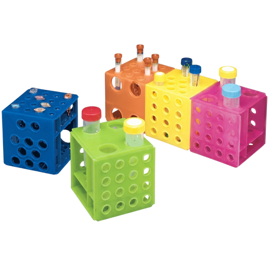 Universal Interlocking Tube Cube,"Assorted colored cube tube racks holding sample vials and tubes"