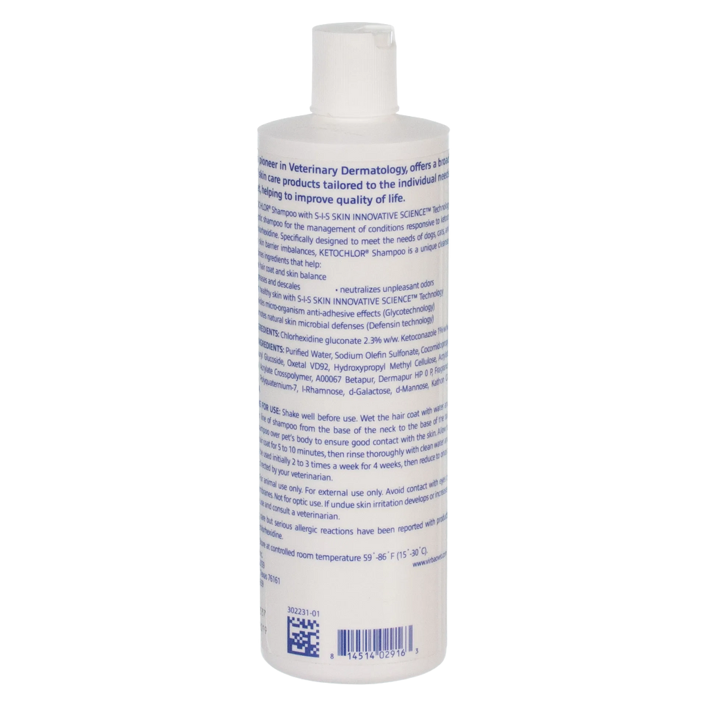 Ketochlor® Shampoo,"White shampoo bottle showing side and back label"