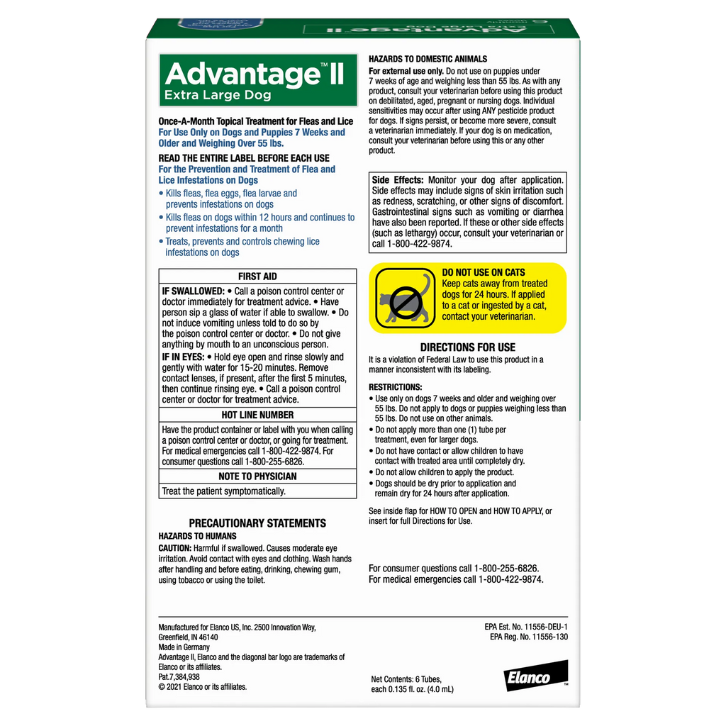 Advantage™ II for Dogs,"Back of product box with directions and warning panels"