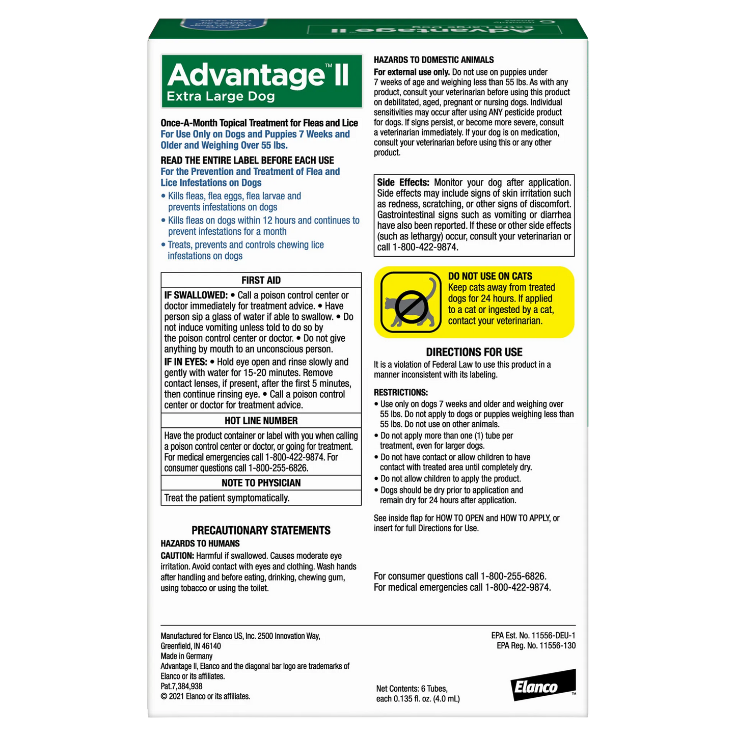 Advantage™ II for Dogs,"Back of product box with directions and warning panels"
