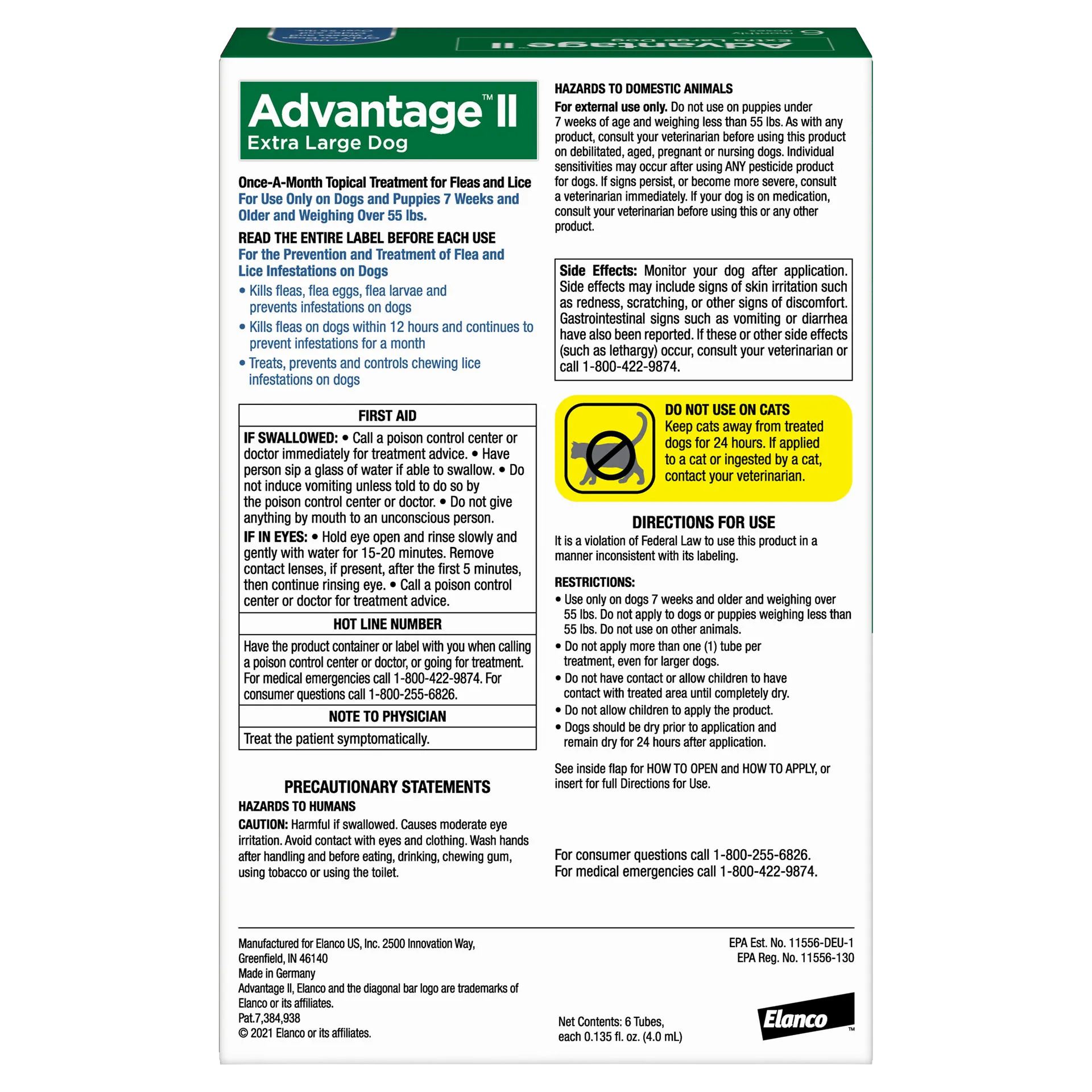 Advantage™ II for Dogs,"Back of product box with directions and warning panels"