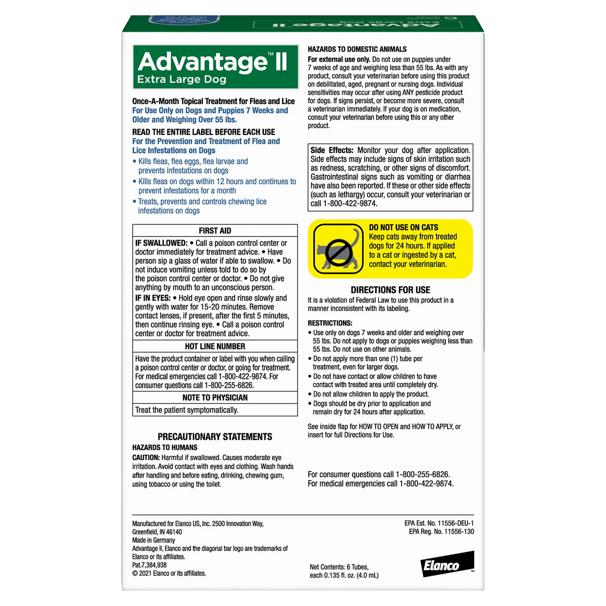 Advantage™ II for Dogs,"Back of product box with directions and warning panels"
