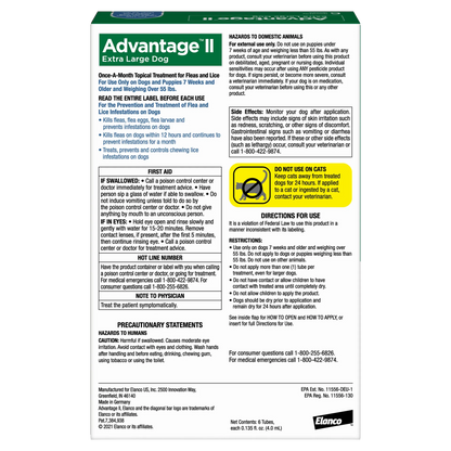 Advantage™ II for Dogs,"Back of product box with directions and warning panels"