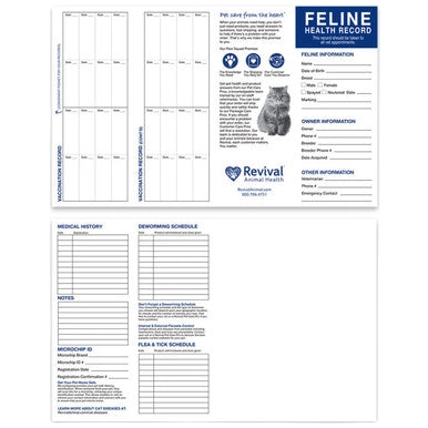 Revival Health Records for Dogs and Cats,"Open pet health record booklet with vaccination pages"