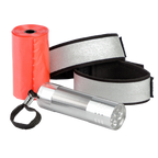 Day/Night Walking Bag,"Silver flashlight with reflective band and red bag roll"