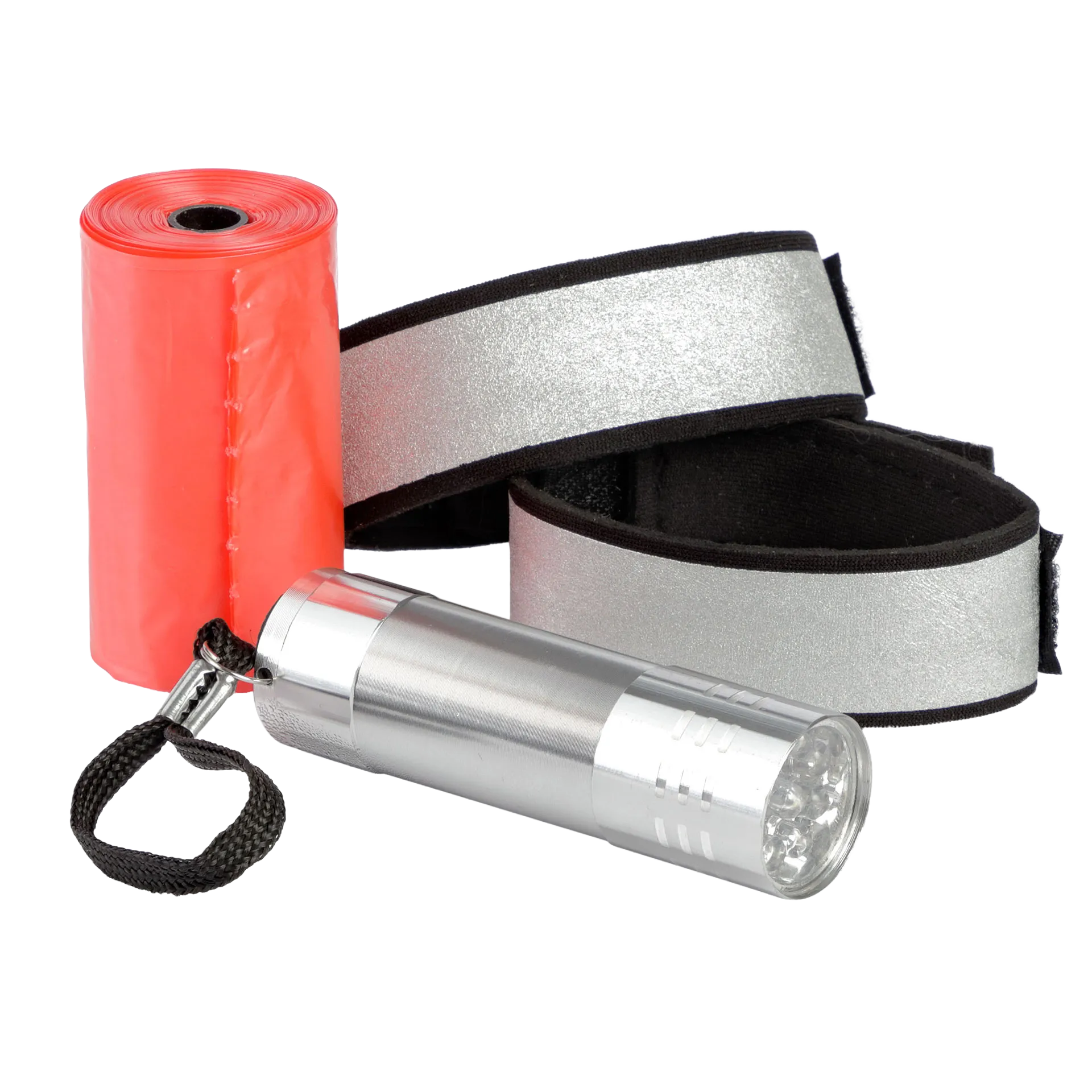 Day/Night Walking Bag,"Silver flashlight with reflective band and red bag roll"