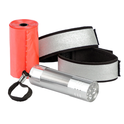 Day/Night Walking Bag,"Silver flashlight with reflective band and red bag roll"