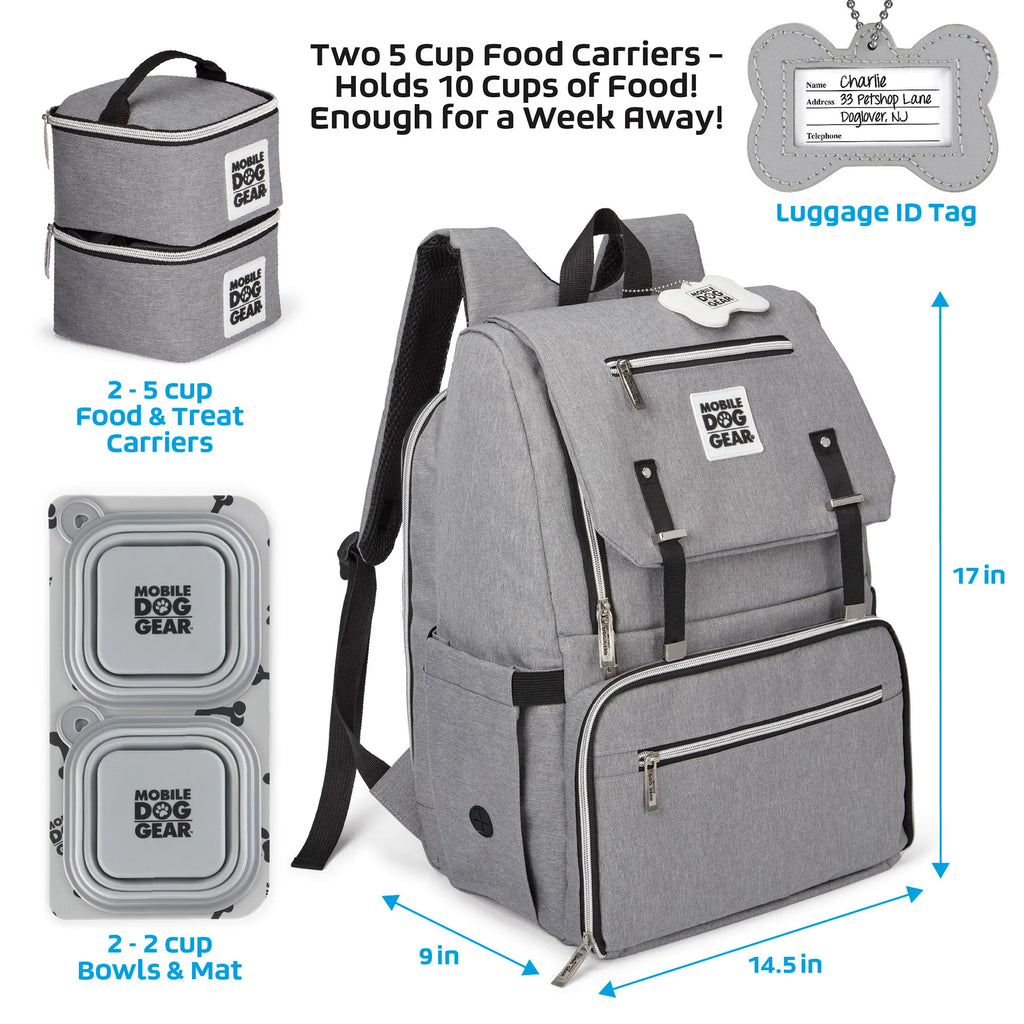 Ultimate Week Away Backpack,"Gray backpack with two food carriers, collapsible bowls, and bone-shaped luggage tag"