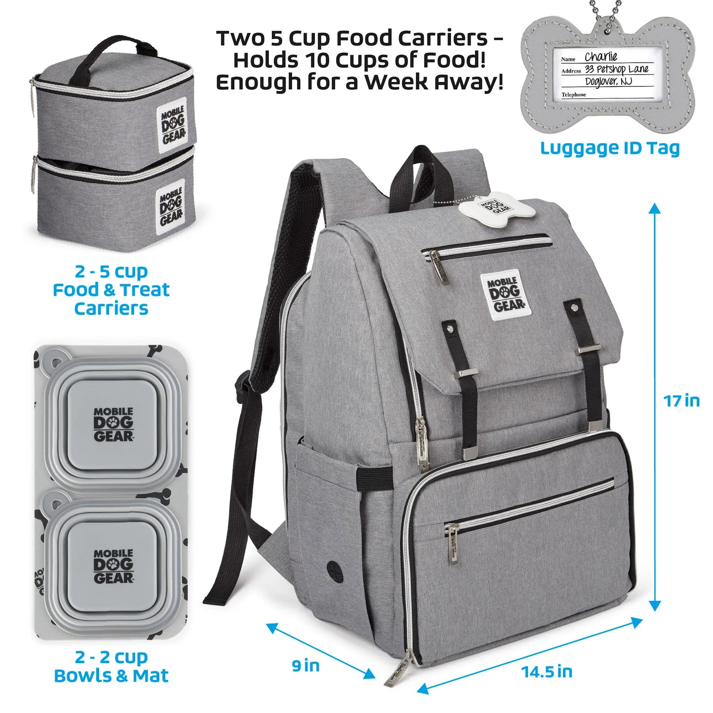 Ultimate Week Away Backpack,"Gray backpack with two food carriers, collapsible bowls, and bone-shaped luggage tag"