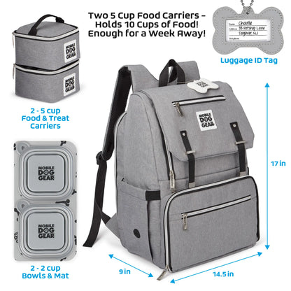 Ultimate Week Away Backpack,"Gray backpack with two food carriers, collapsible bowls, and bone-shaped luggage tag"