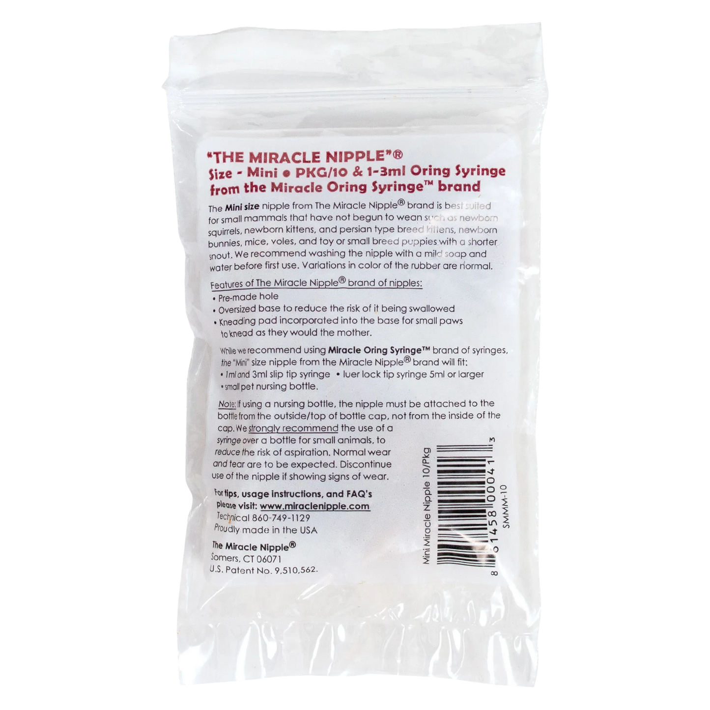 The Miracle Nipple® for Kittens, Puppies, and Small Mammals,"Clear plastic bag with printed insert and visible nipples"