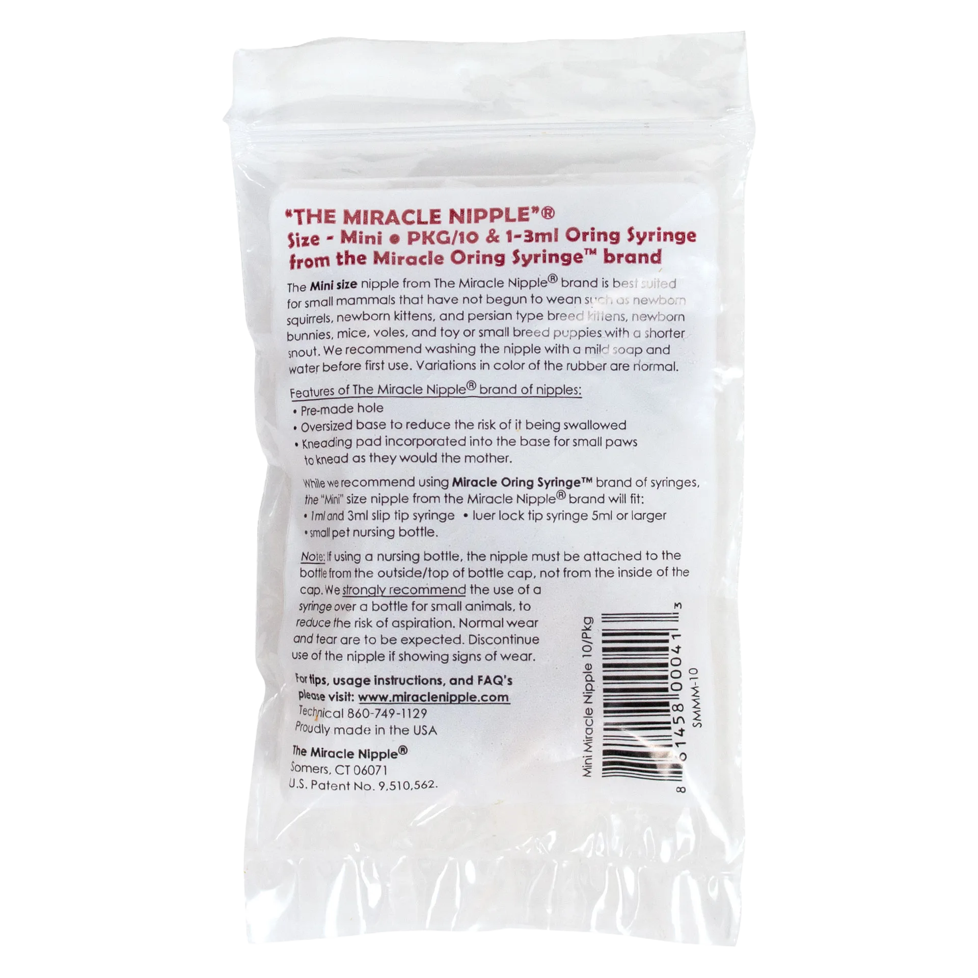 The Miracle Nipple® for Kittens, Puppies, and Small Mammals,"Clear plastic bag with printed insert and visible nipples"